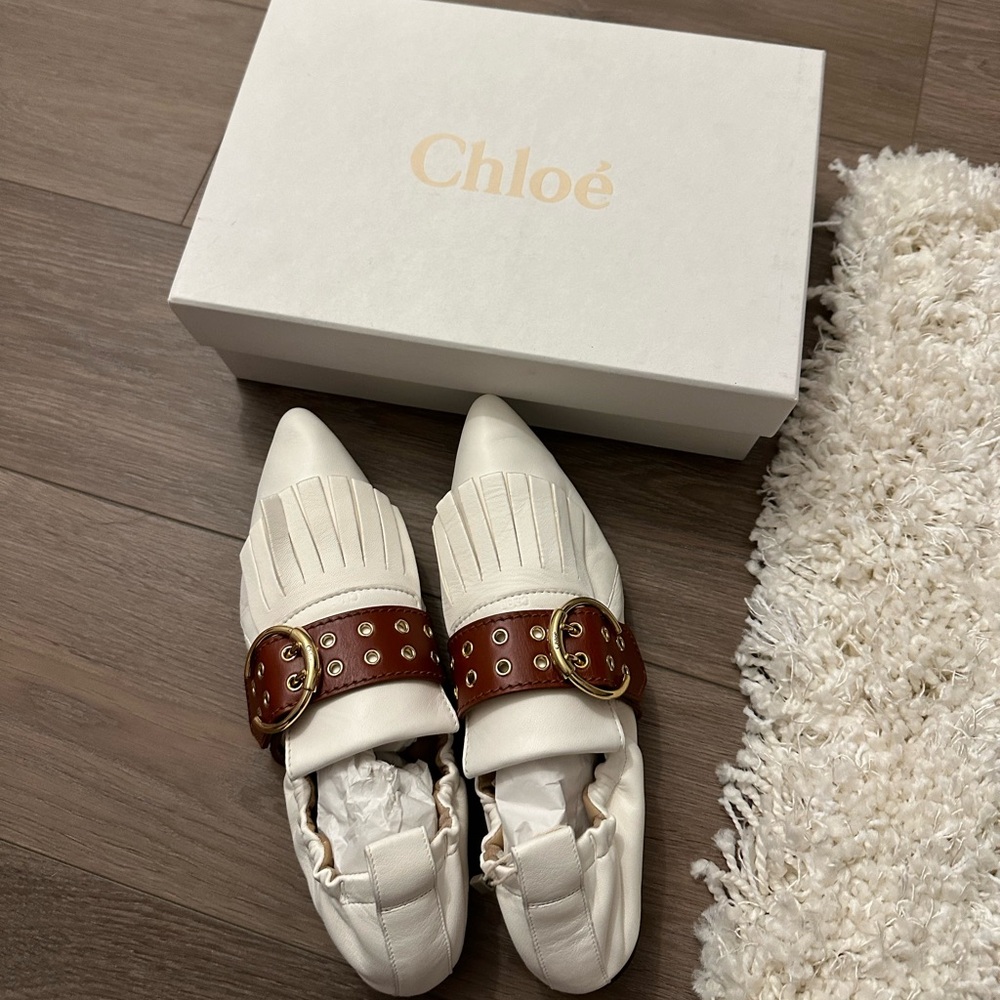 Authentic Chloe White Roy Kiltie Fringe Flats Size 39.5 NWT